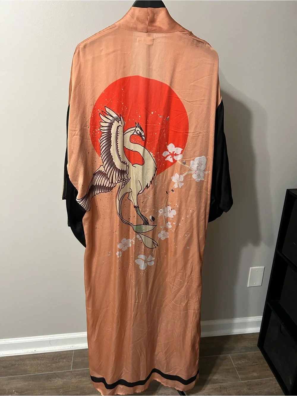 Free People Peach Crane Print Kimono Tunic with Black Sleeves